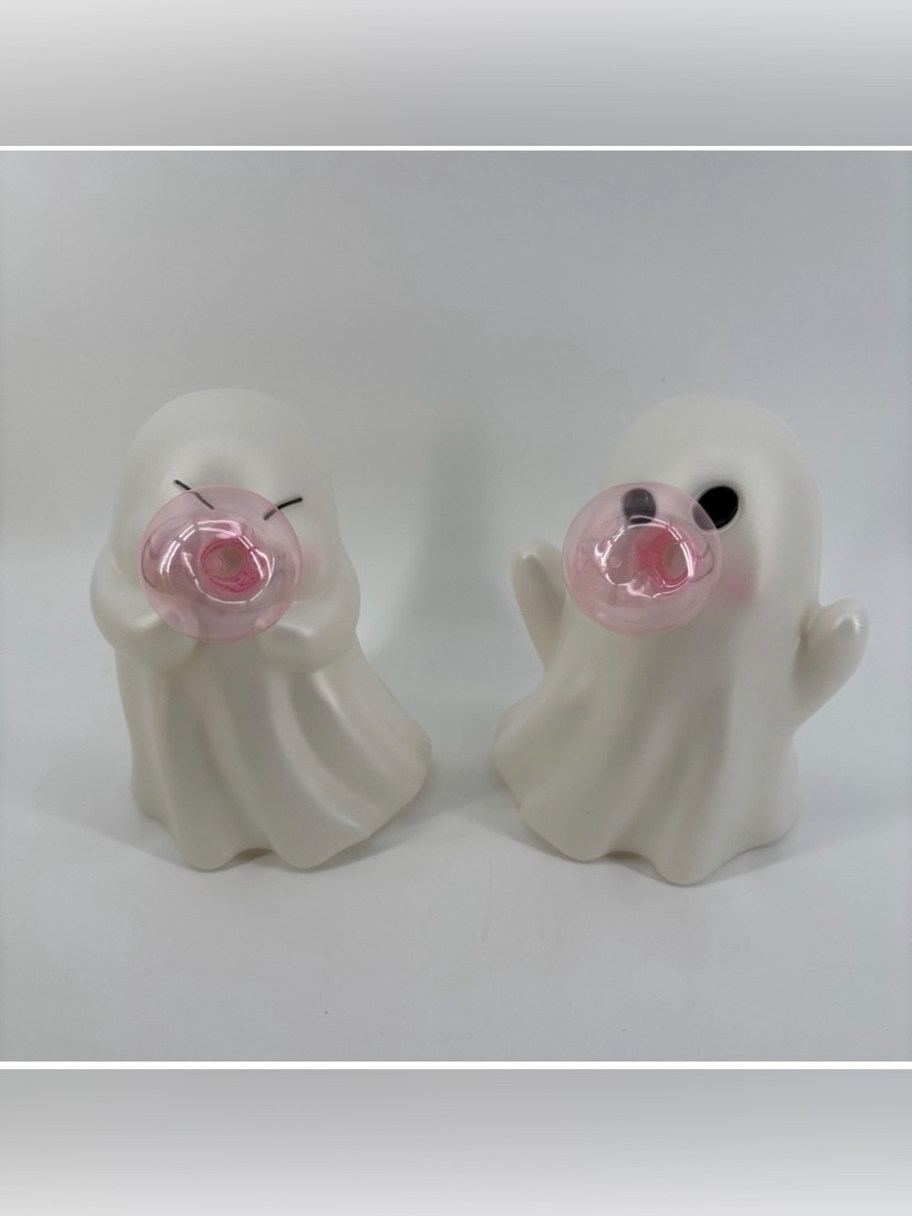 White Ghost Halloween Figurine Pair with Pink bubble